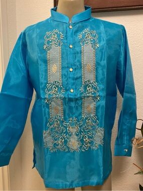 Filipino Barong Tagalog Formal Attire Turquoise Embroidered Long Sleeves Shirts